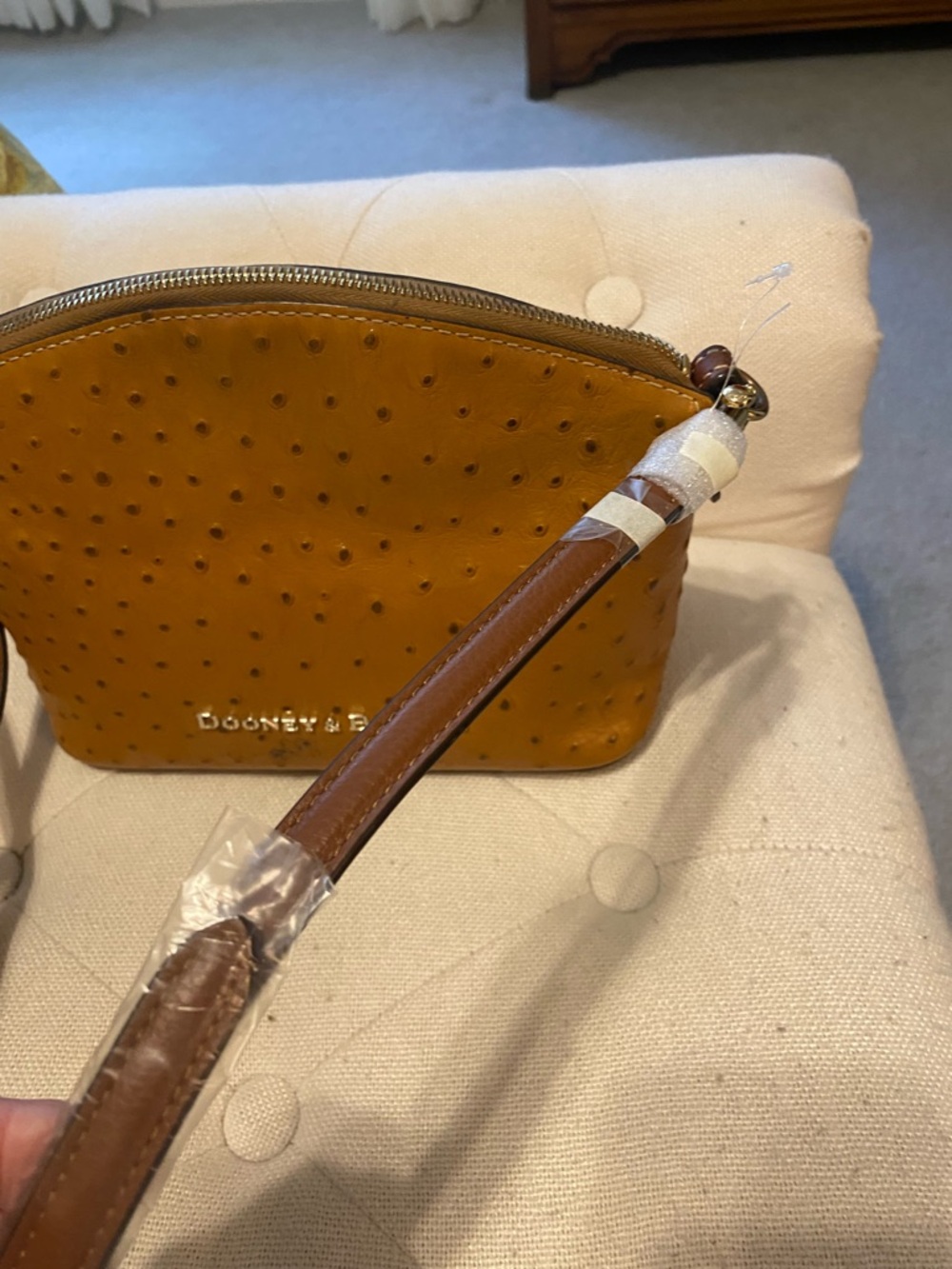 Dooney & Bourke Mustard Ostrich-Embossed Leather Crossbody with Patterned Strap - Picture 2 of 5
